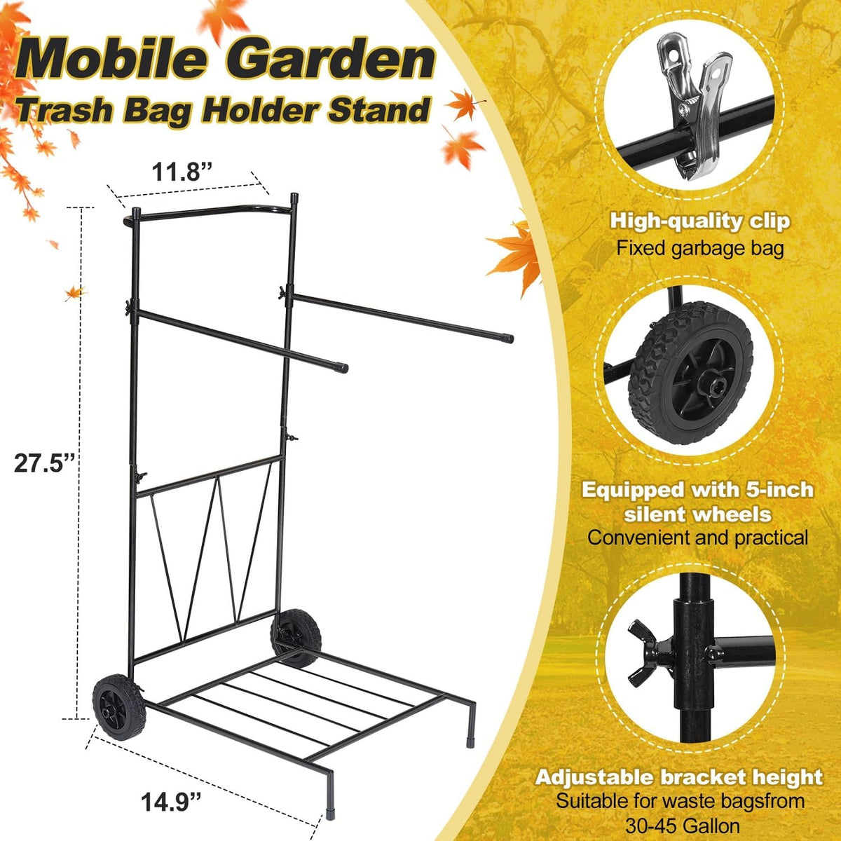 Heavy Duty Portable Trash Bag Holder with Wheel, Adjustable 30-45 Gallon Outdoor Leaf Bag Stand