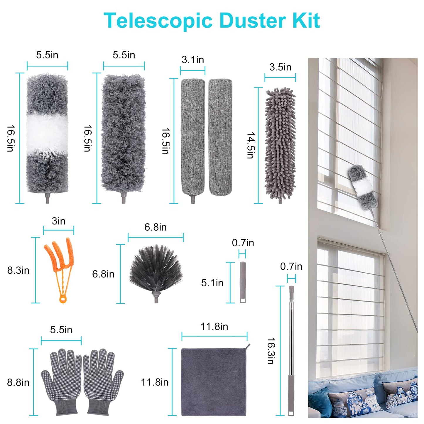 12pcs Microfiber Dusters, Duster with Extension Pole(Stainless Steel) 30 to 100'', Washable