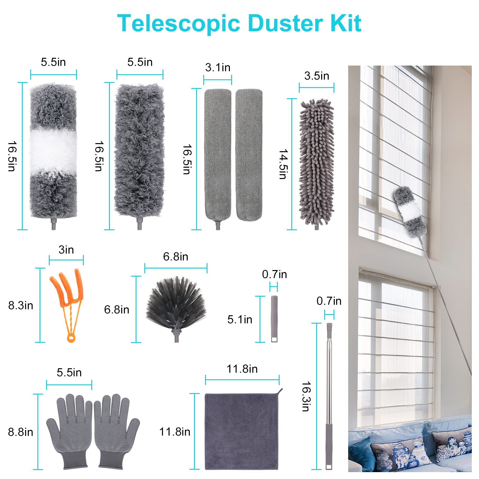 12pcs Microfiber Dusters, Duster with Extension Pole(Stainless Steel) 30 to 100'', Washable