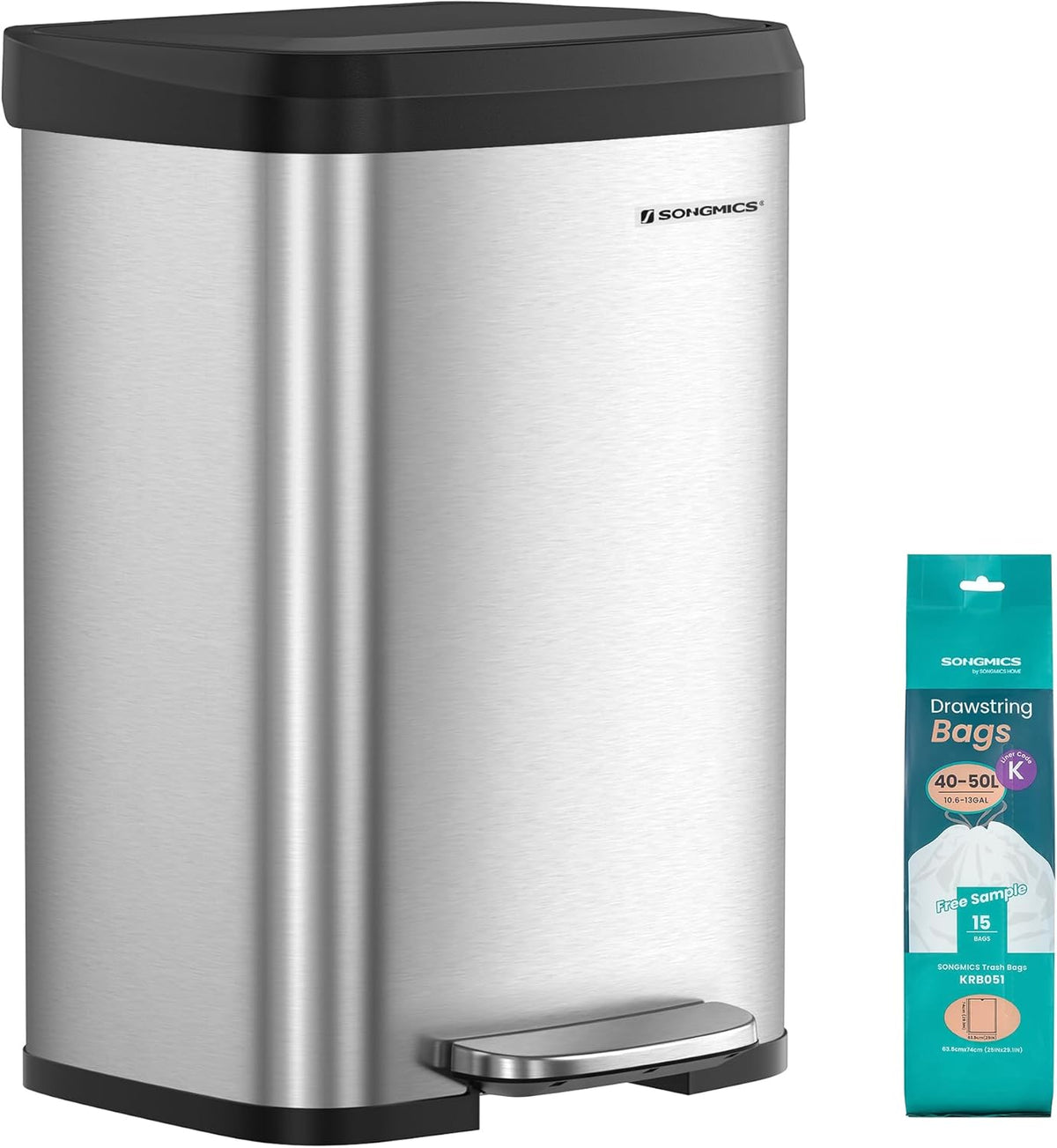 SONGMICS Kitchen Trash Can, 13 Gallon (50 L) Stainless Steel Garbage Can, with Stay-Open Lid and