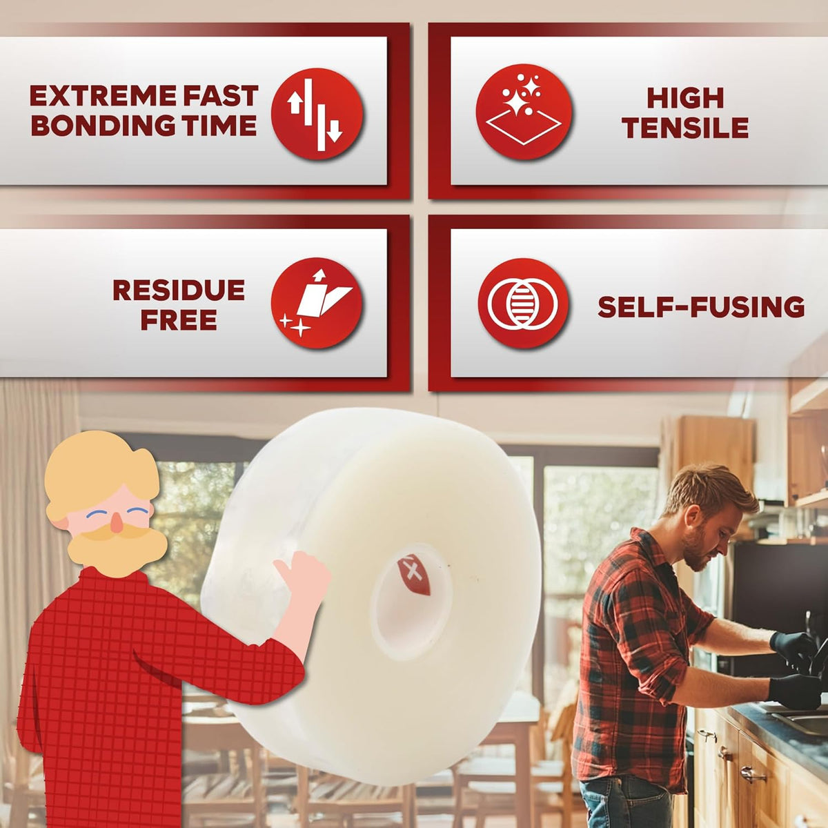 XFasten Self Fusing Silicone Tape Waterproof Clear – 1" x 36 Feet, Self Amalgamating Tape, Silicone