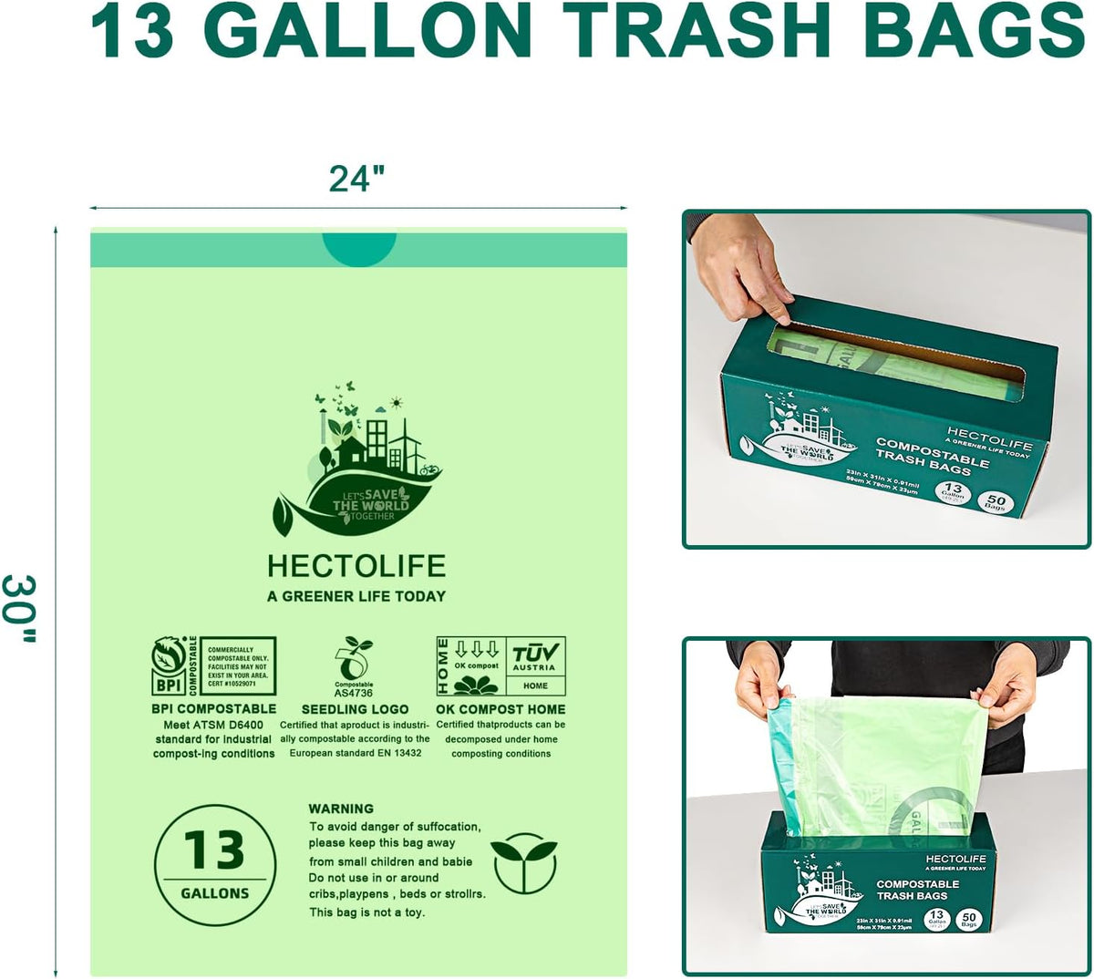 13 Gallon,50 Count, Compostable Trash Bags with Drawstring,Tear Resistant Kitchen Food Scrap Waste