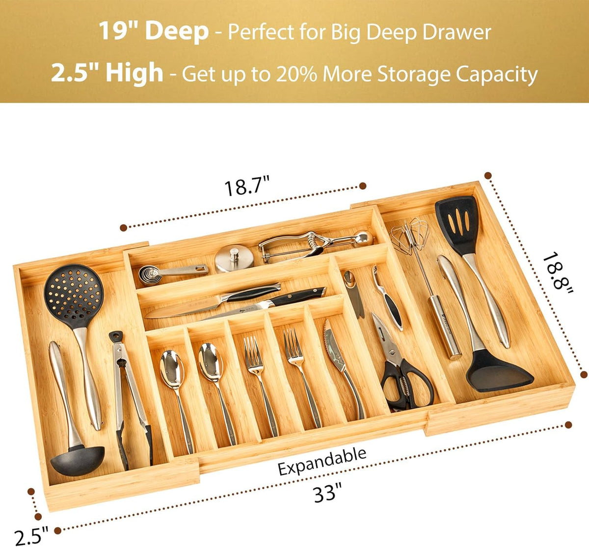 Umilife Extra Large Expandable Kitchen Siverware Utensils Drawer Organizer, 19" Deep for Big