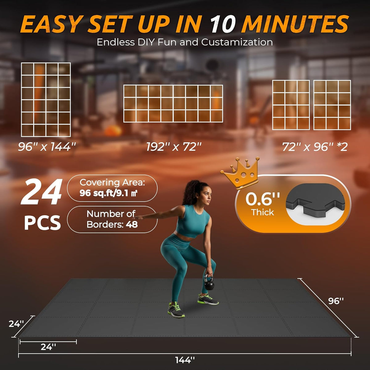 PRAISUN 0.6" Thicker Gym Mat, 24 Tiles 96 Sq Ft Workout Mats, Interlocking Foam Tiles with Rubber