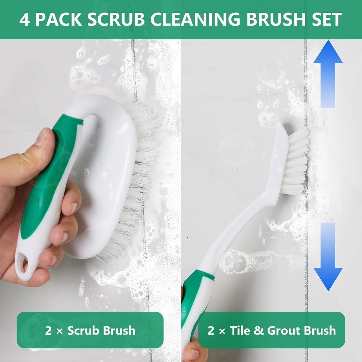 Scrub Brush Set, 4 Pack Deep Cleaning Brush Kit - 2 Scrub Brush, 2 Tile & Grout Brush with Built-in