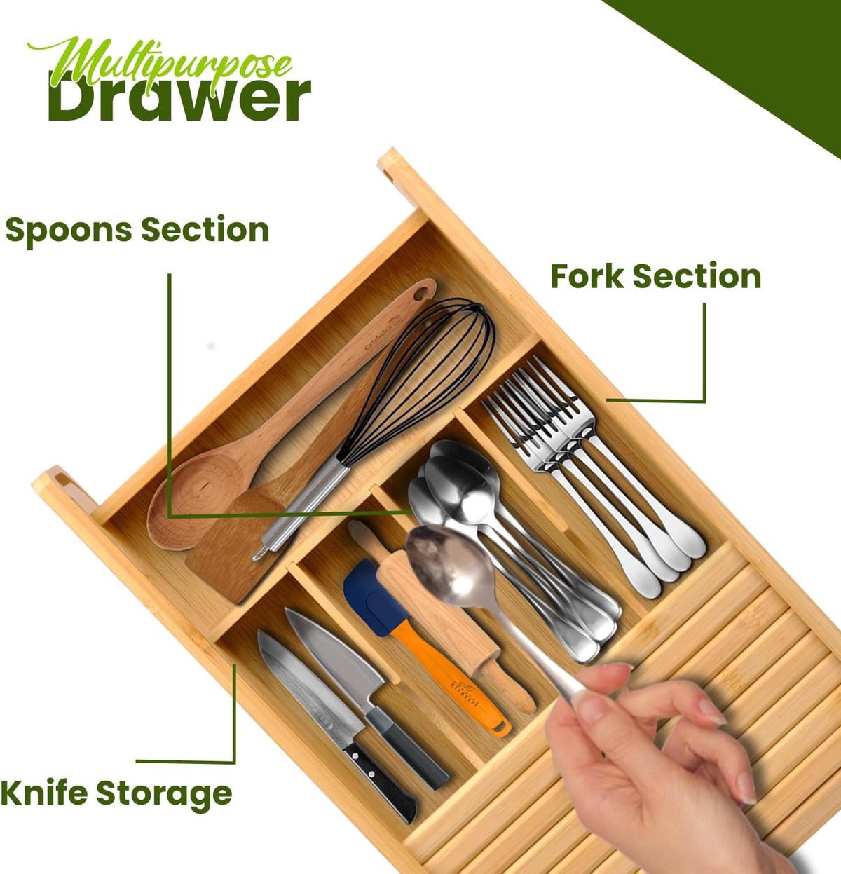 KozyKoala & Co. Bamboo Drawer Organizer with Sliding Lid - 5 Slot Kitchen Drawer Organizer &
