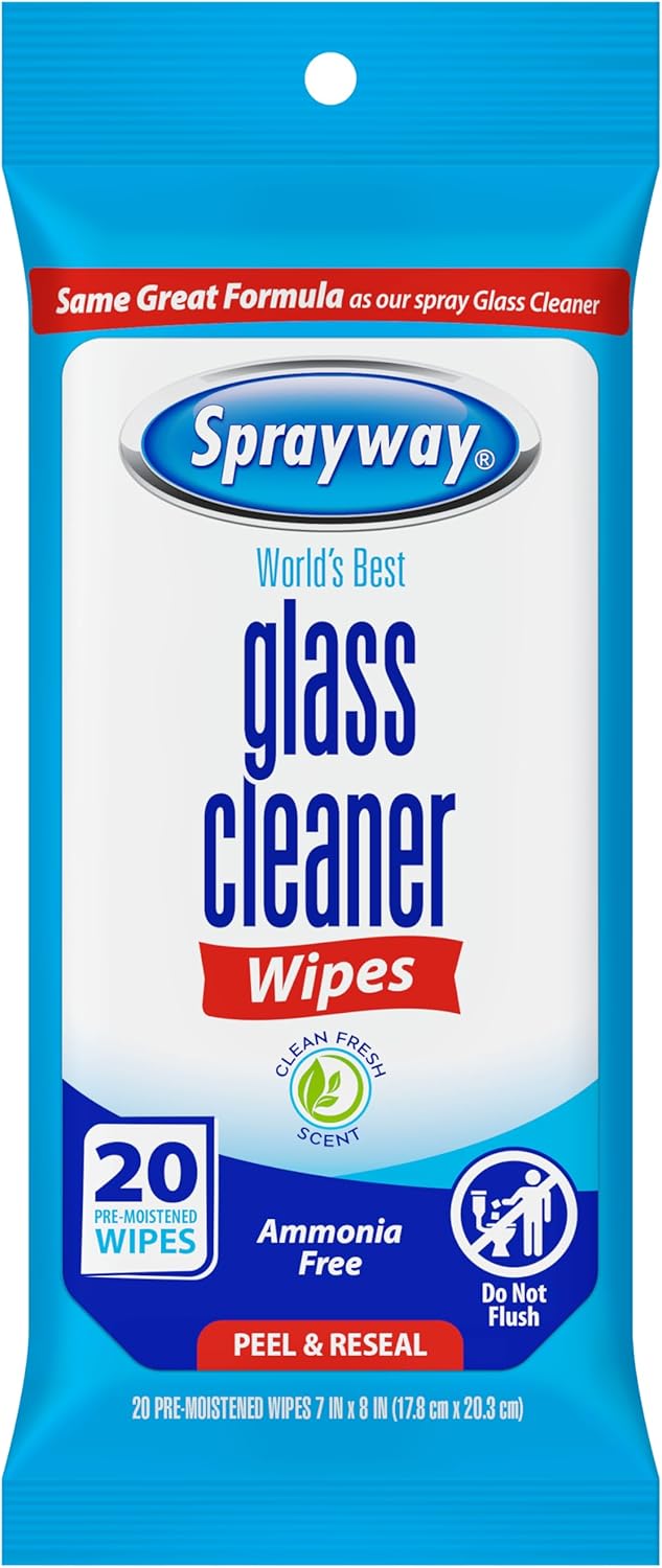 Sprayway Glass Cleaner Wipes, 20ct, Pack of 12, On-the-Go Resealable Package, Pre-Moistened