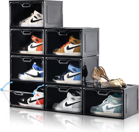 8 Pack Shoe Boxes Black Plastic Stackable, Large Shoe Storage Organizer,Drop Side Front Shoe