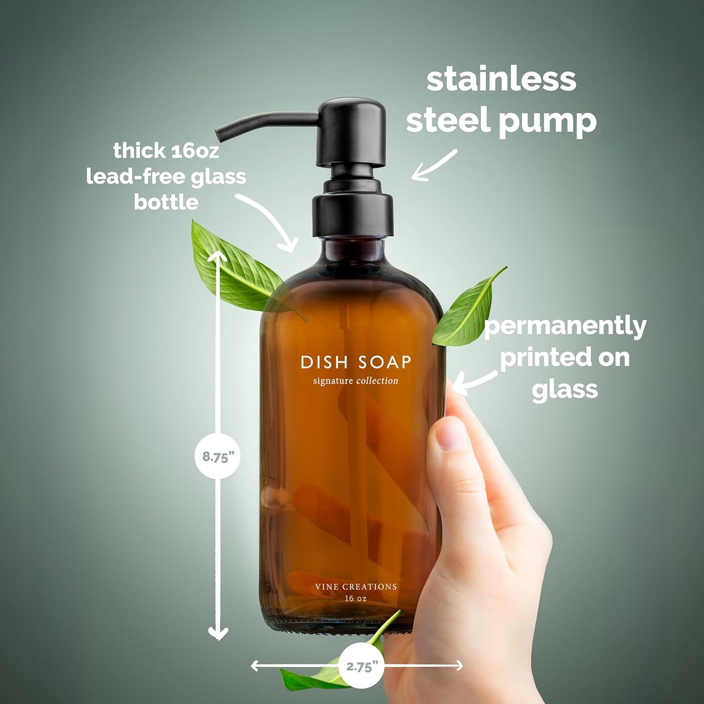 Vine Creations Amber Glass Soap Dispenser Set, Dish Soap and Hand Soap Dispenser Set with Stainless