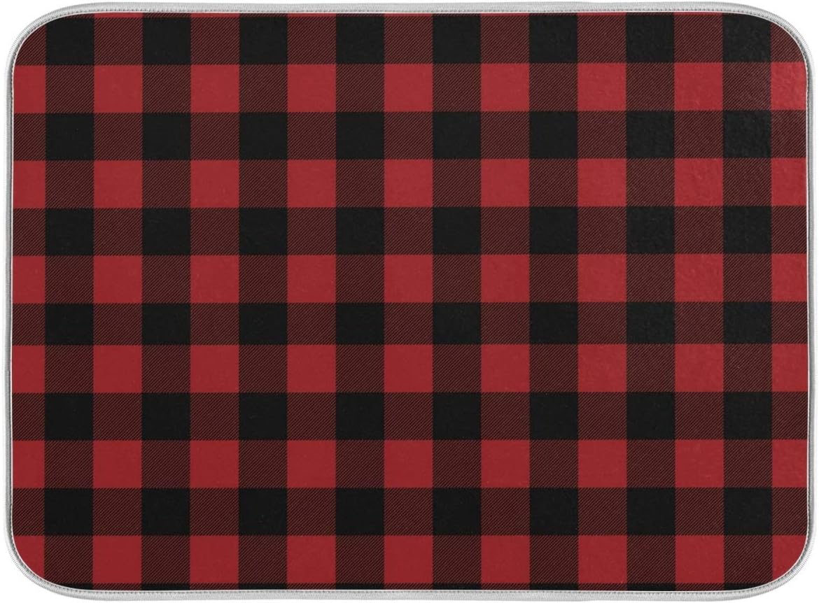 Red and Black Buffalo Plaid Dish Drying Mat 16x18 for Kitchen Merry Christmas Winter Xmas Dishes