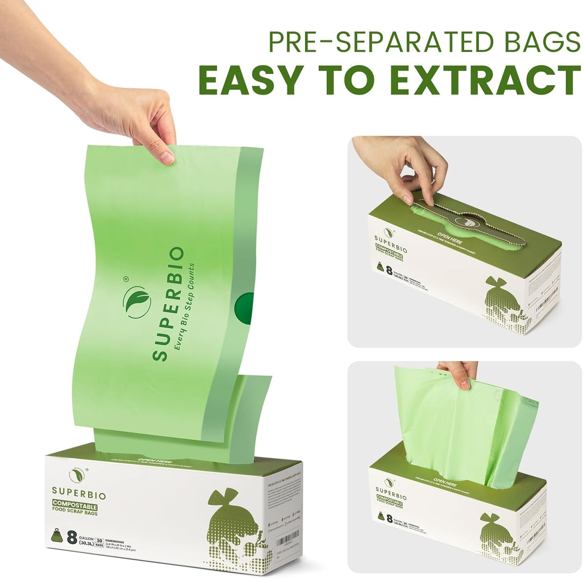 SUPERBIO 8 Gallon Compostable Drawstring Kitchen Waste Bags,30.3 Liter, 30 Count, 1 Mil,Heavy Duty