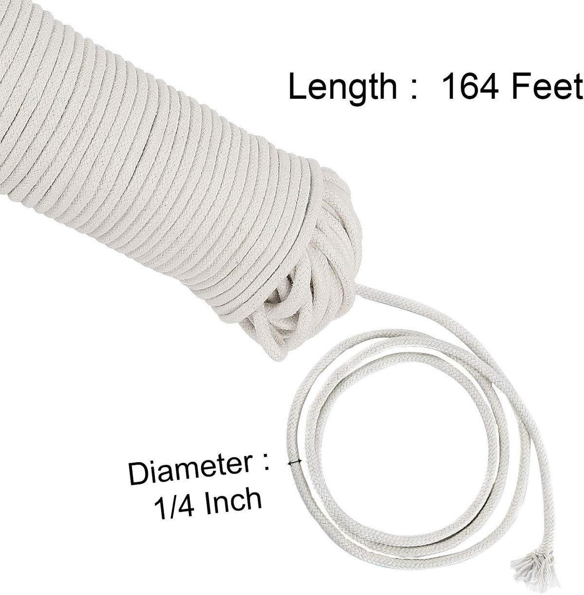 ZOENHOU 164 ft 1/4 in Natural Cotton Rope - White Solid Clothesline Rope for Laundry Line, DIY