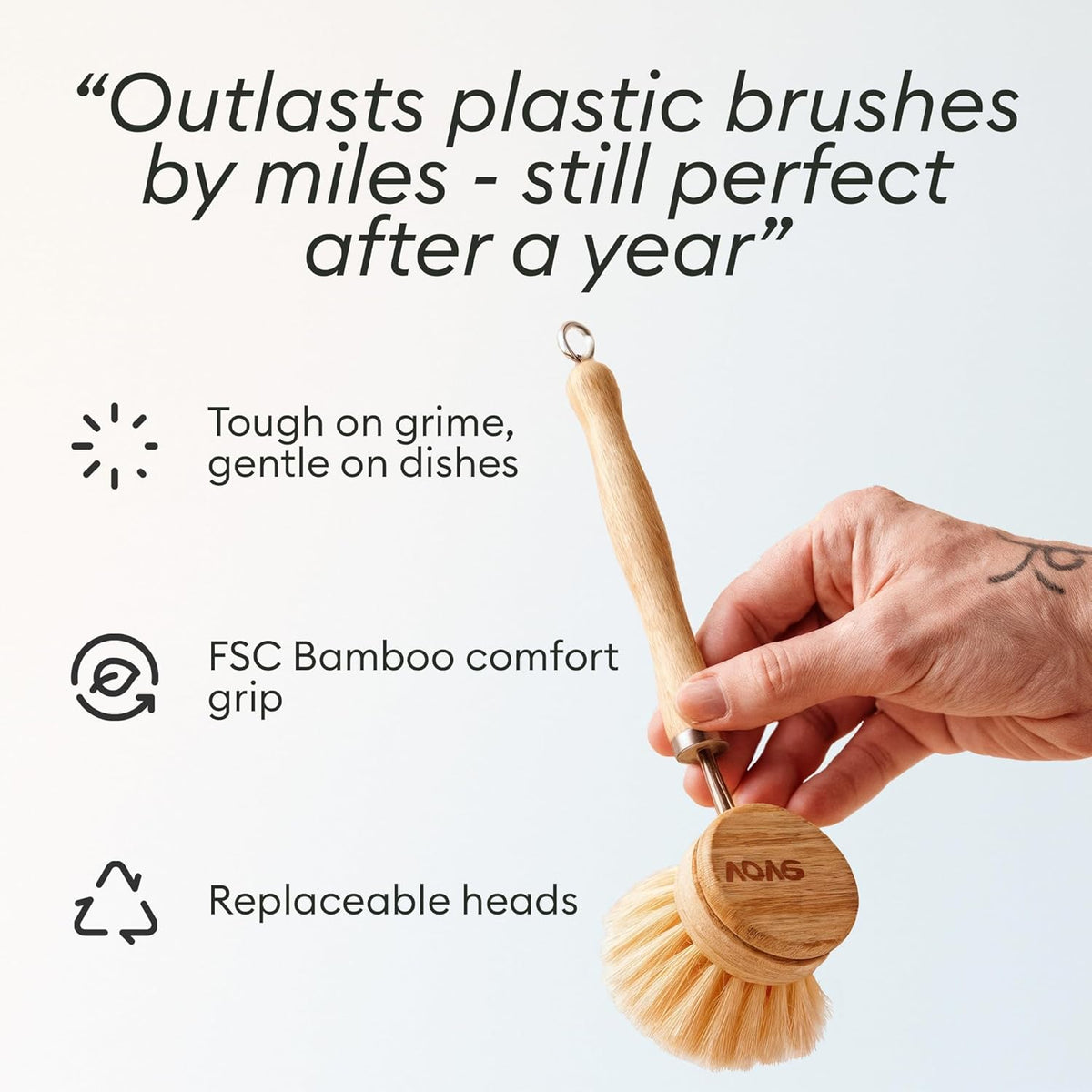 Vove Bamboo Dish Brush, FSC-Certified - Includes 3 Replacement Heads - Natural Fiber Bristles