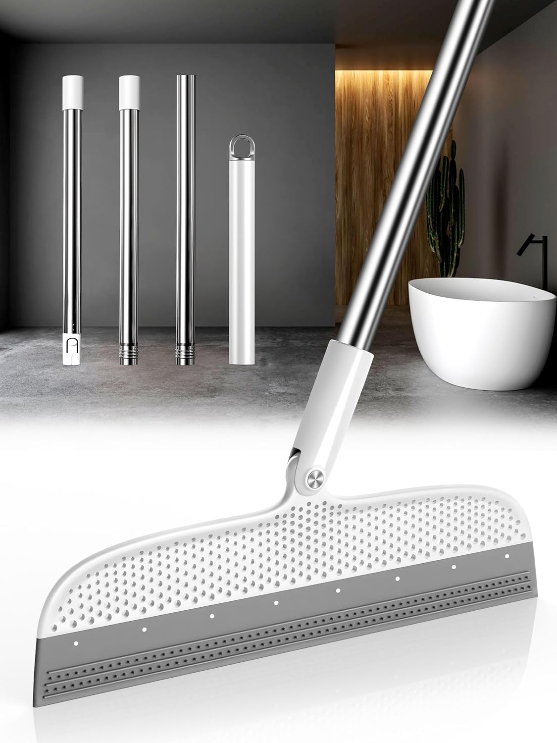 Floor Squeegee & Broom with Long Handle, 180° Rotating Head Silicone Blade Removes Water & Pet Hair
