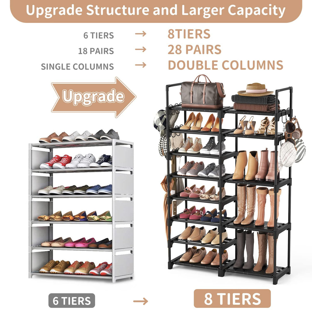 ROJASOP Shoe Rack Organizer, 8-Tier Metal Shoe Rack for Closet Entryway Garage, 26-32 Pairs Tall