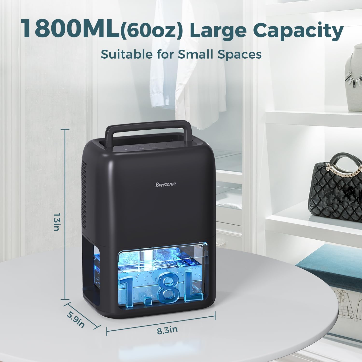 BREEZOME 60 OZ Dehumidifiers for Home, Dual-Semiconductor Quiet Dehumidifier with Timer Auto-Off