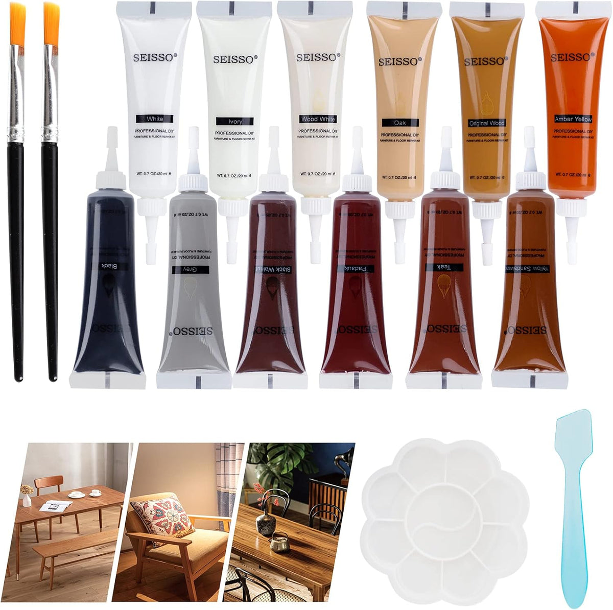 SEISSO Wood Scratch Repair Kit, 12 Colors Wood Filler Putty for Scratches Furniture Markers Touch