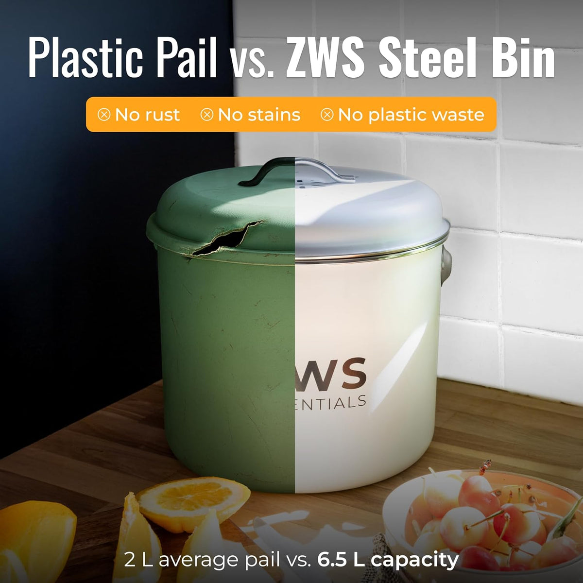 White Stainless Steel Compost Bin | 6.5L Odor-Free Kitchen Countertop Food Scrap Pail with Charcoal