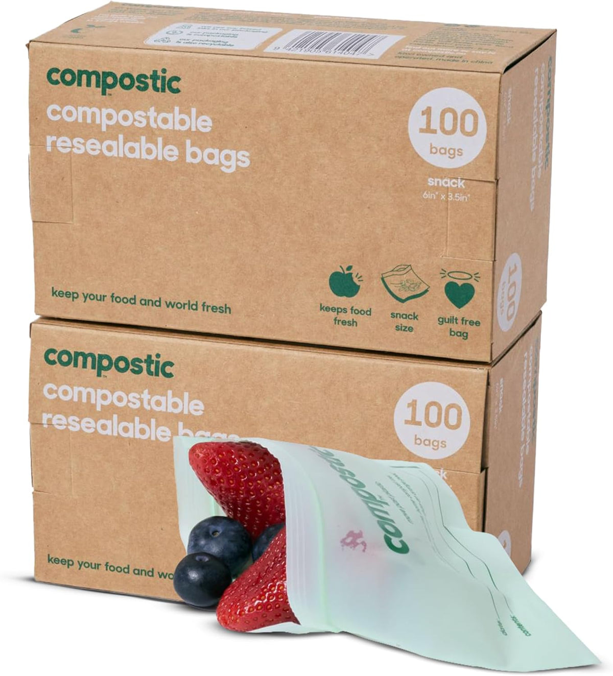 Compostic Home Compostable Resealable Snack Bags (6"x 3.5"), Microwave & Freezer Safe, Organic Food