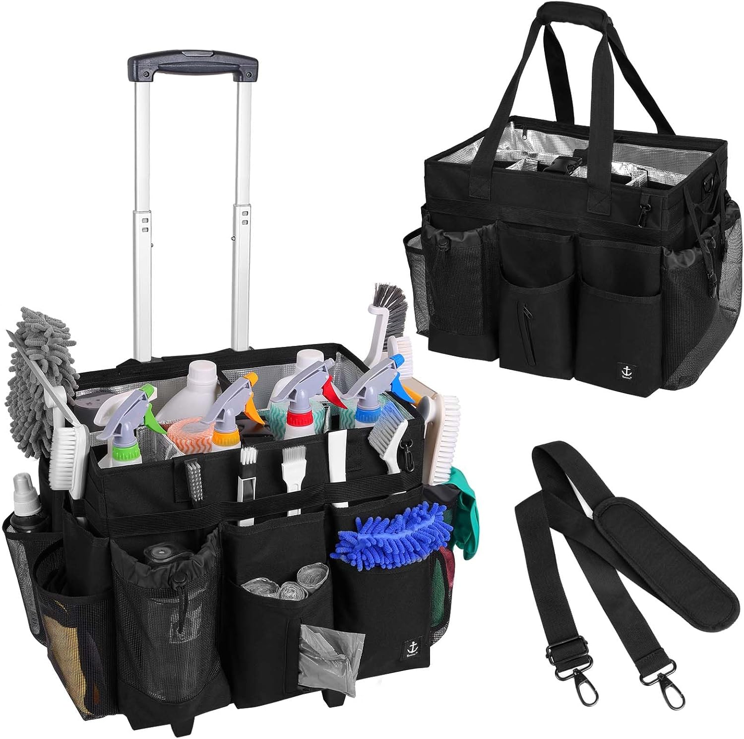 Extra Large Rolling Cleaning Caddy Bag with Detachable, Foldable Trolley Portable Cleaning Cart for