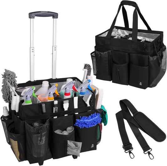 Extra Large Rolling Cleaning Caddy Bag with Detachable, Foldable Trolley Portable Cleaning Cart for