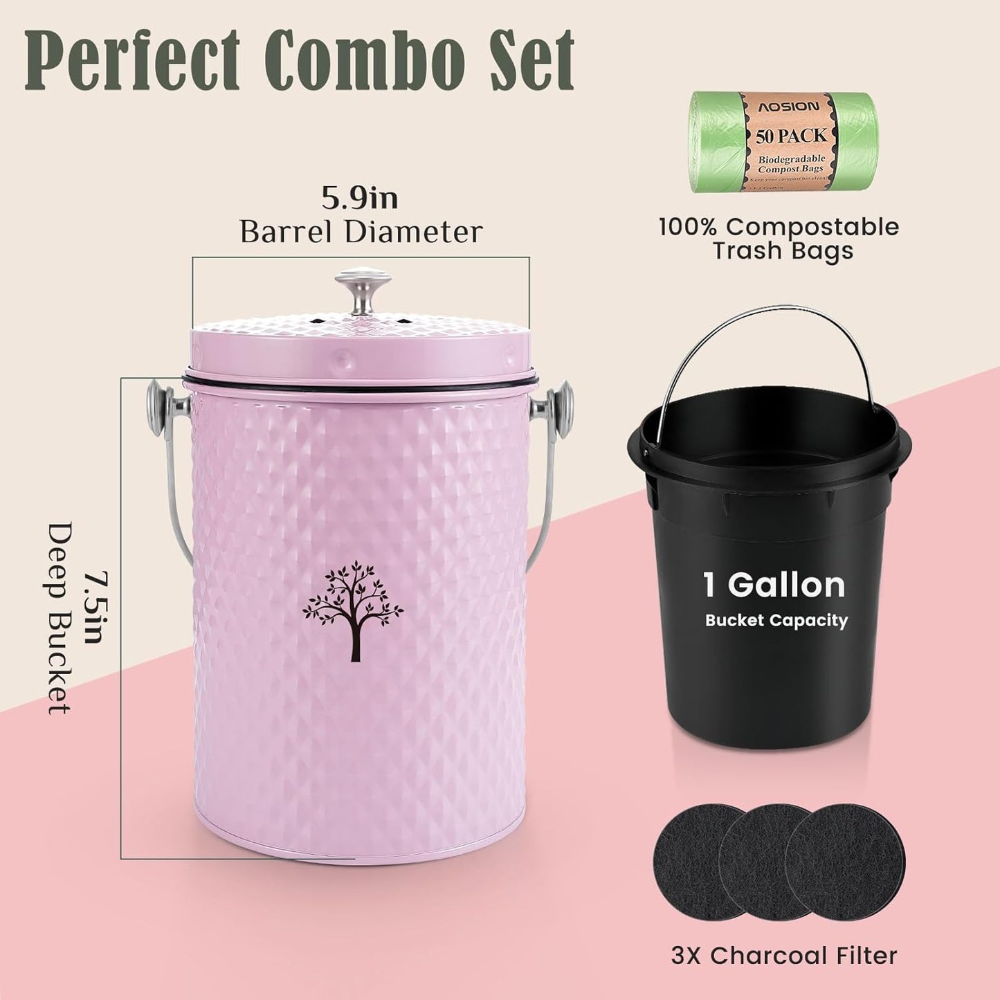 AOSION Countertop Compost Bin Kitchen，Odorless Indoor Compost Bin with Lid and Compost Bags,Compost