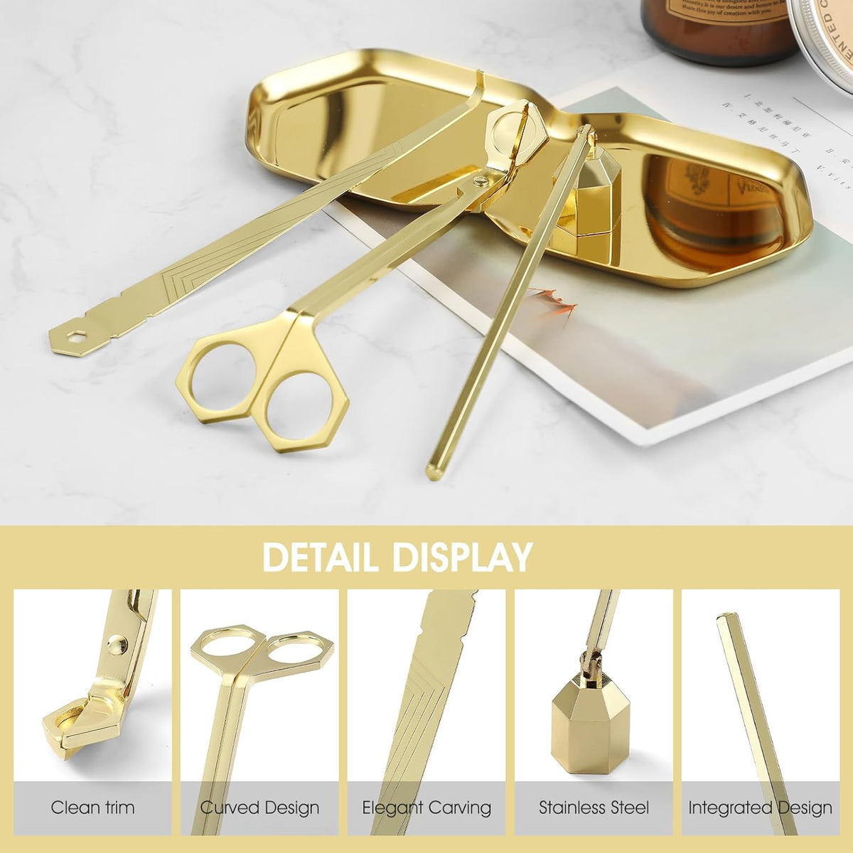 PATOISE 4 in 1 Candle Accessory Set, Wick Trimmer, Candle Snuffer, Wick Scoop,Storage Tray,Perfect