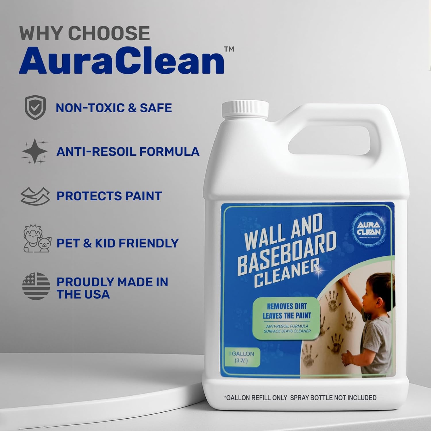 Wall & Baseboard Cleaner - Safe for Painted Walls & Trim | Eco-Friendly, No-Rinse, Kid & Pet-Safe |
