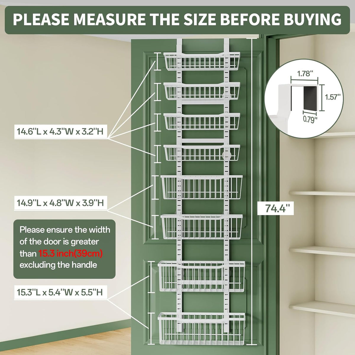 Over The Door Organizer，8-Tier Over The Door Pantry Organizer with Adjustable Baskets，Metal Hanging