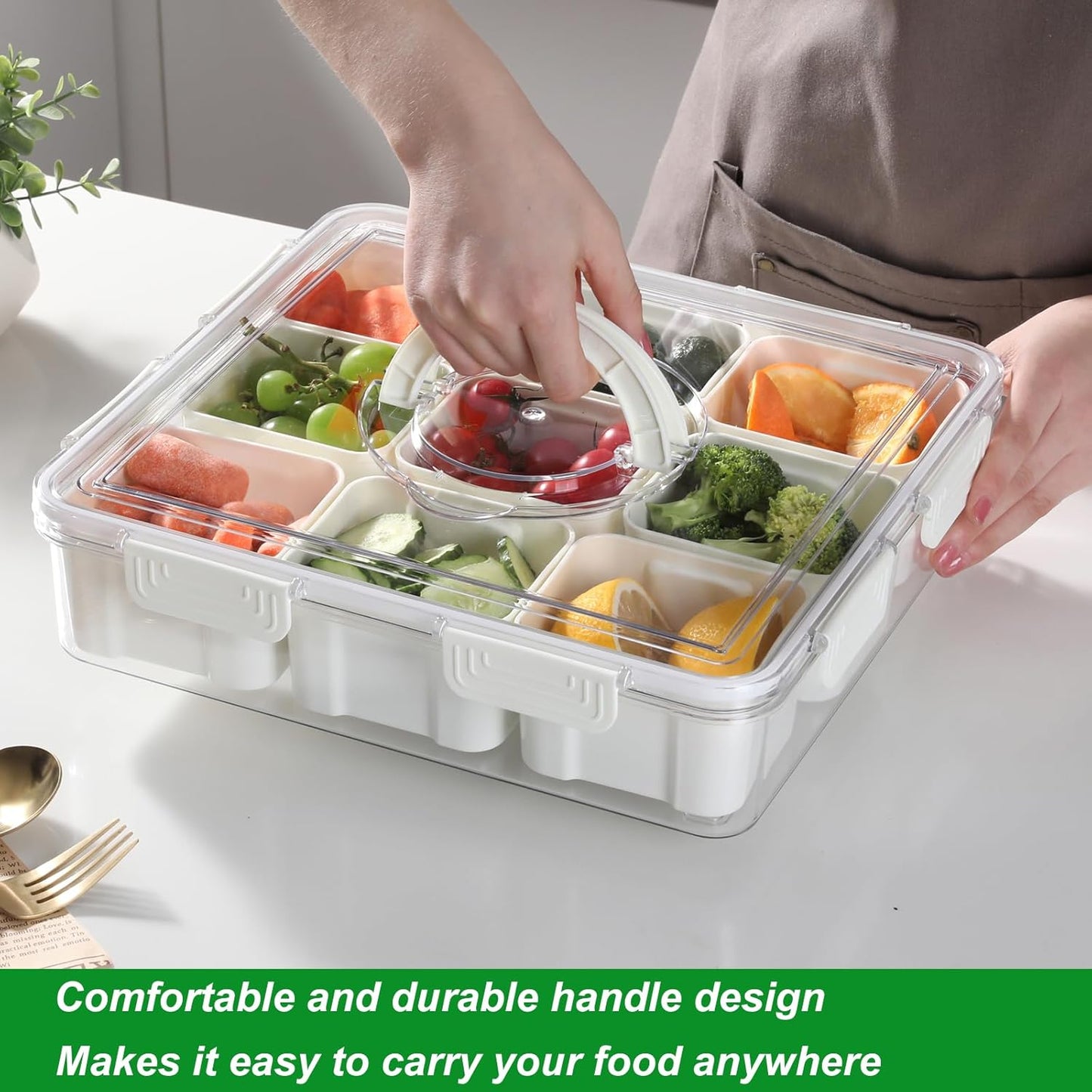Taiuloo Divided Serving Tray with Lid & Handle, Airtight 9 Compartment Snackle Box Charcuterie