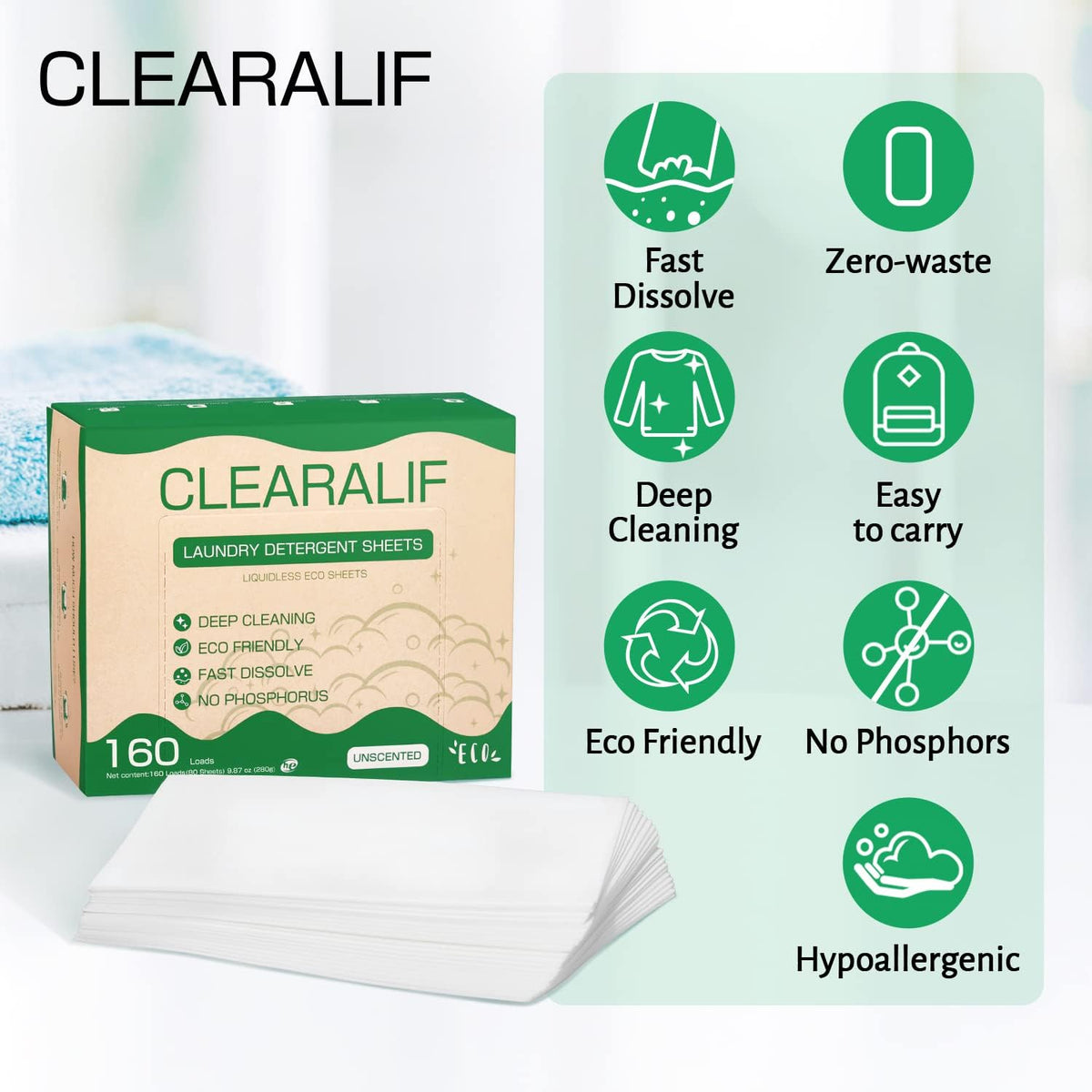 CLEARALIF Laundry Detergent Sheets (480 Loads), Unscented,Great For Travel, Apartments, Dorms