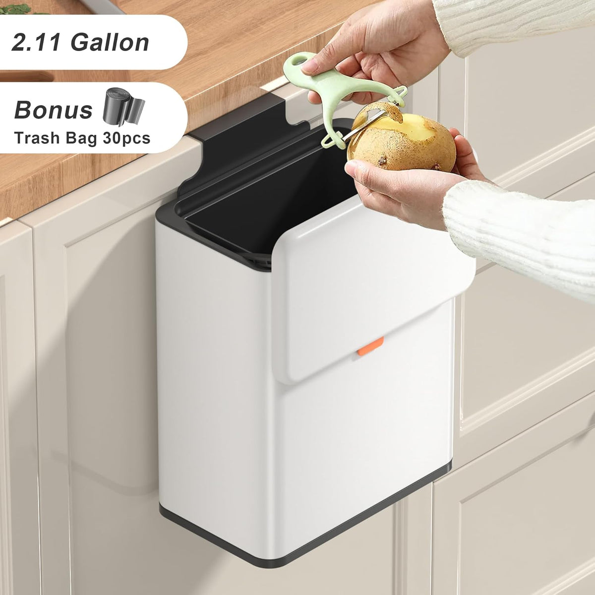 Mbillion Kitchen Compost Bin Hanging Trash Can with Lid 2.1 Gallon Stainless Steel Garbage Can for