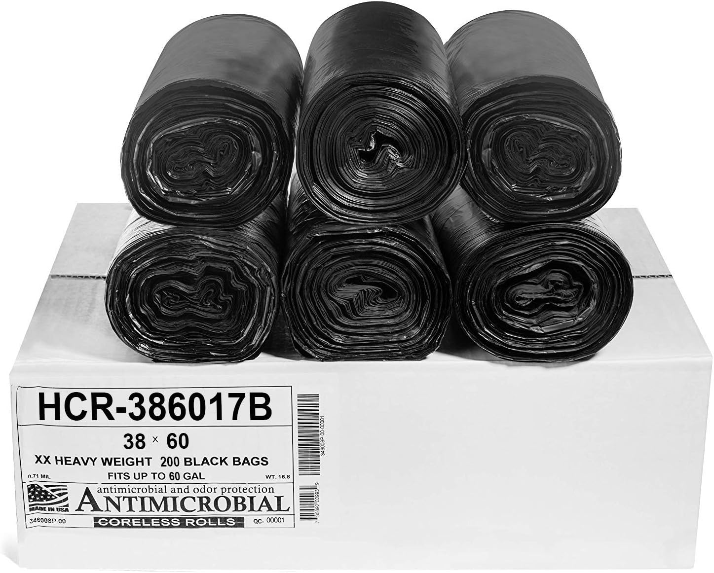 Aluf Plastics High Density Trash Bags, 60 Gallon, 200 Count, 17 Micron (eq), 38" x 60", Black, for