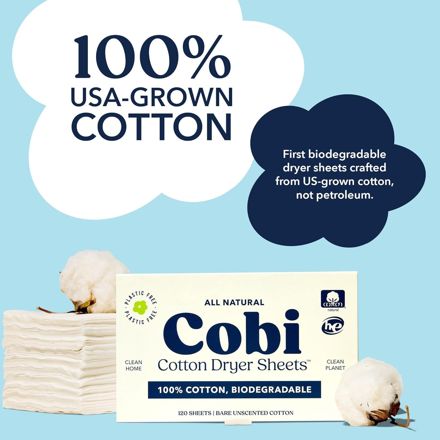 Cobi Eco-Friendly Dryer Sheets - 100% Cotton Biodegradable Non-Toxic & Unscented for Sensitive