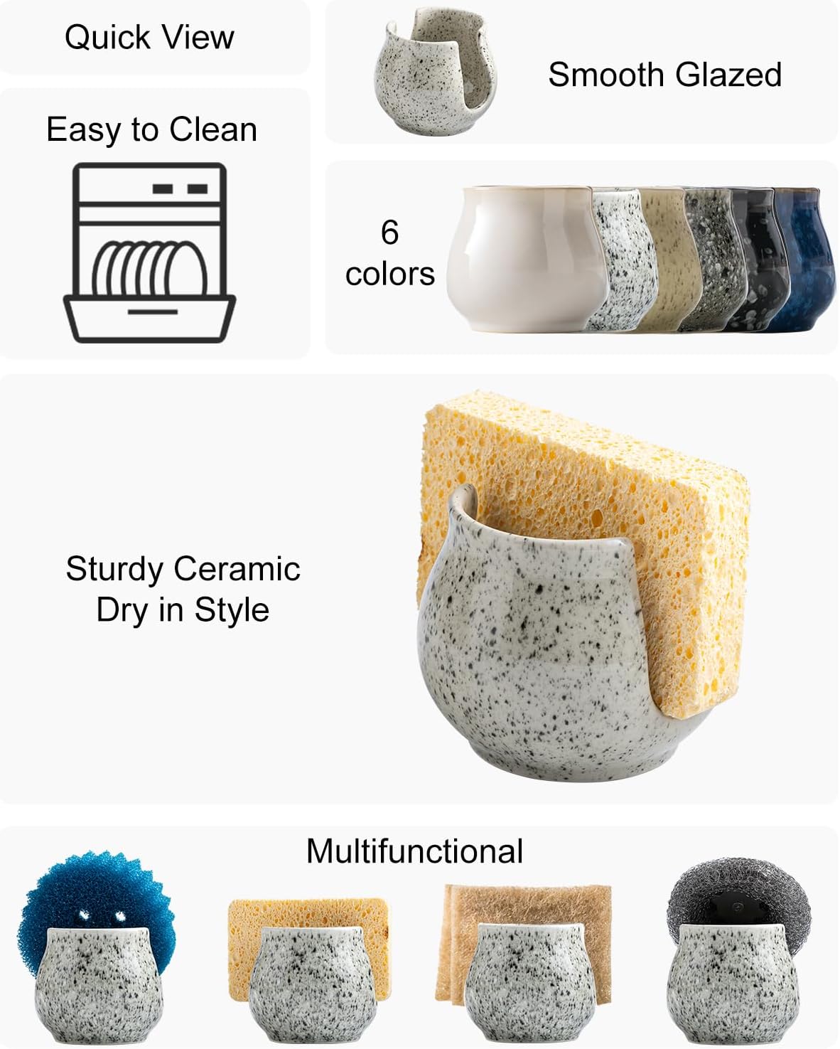 Sponge Holder for Kitchen Sink, Ceramic Dish Sponge Dish Rack Scrubby Caddy Kitchen Organizer Cute
