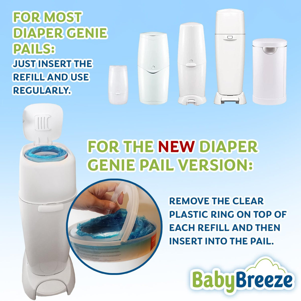 BabyBreeze Diaper Pail Refill Bags Compatible with Playtex Diaper Genie Pails Odor Absorbing Diaper