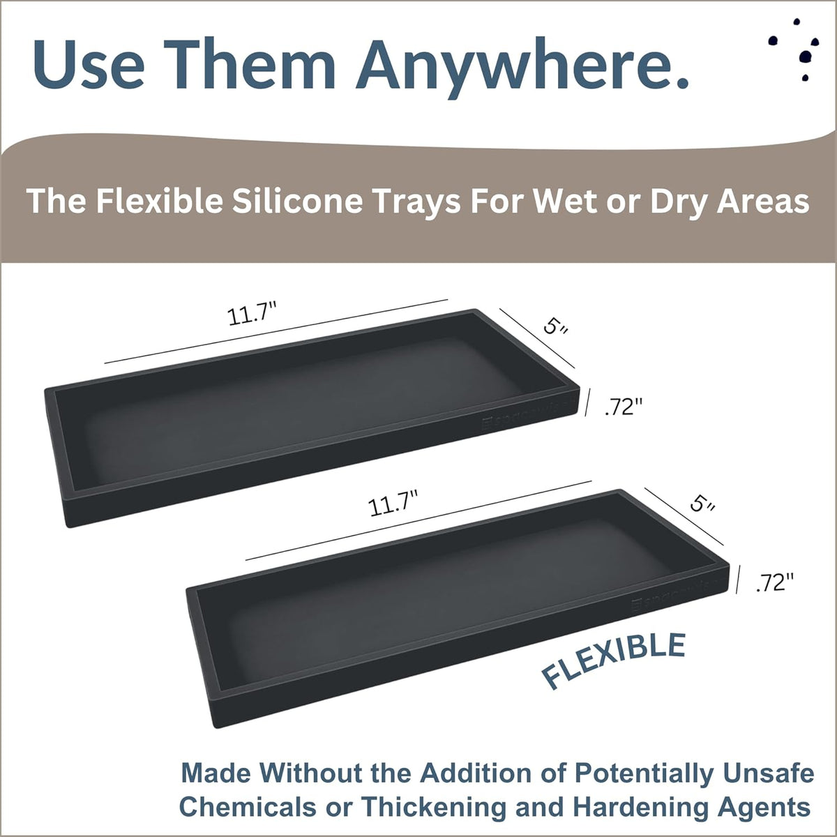 Countertop and Vanity Tray - 2 PC Large 11.7" Silicone Bathroom Trays, Counter Organizer, Dish Soap