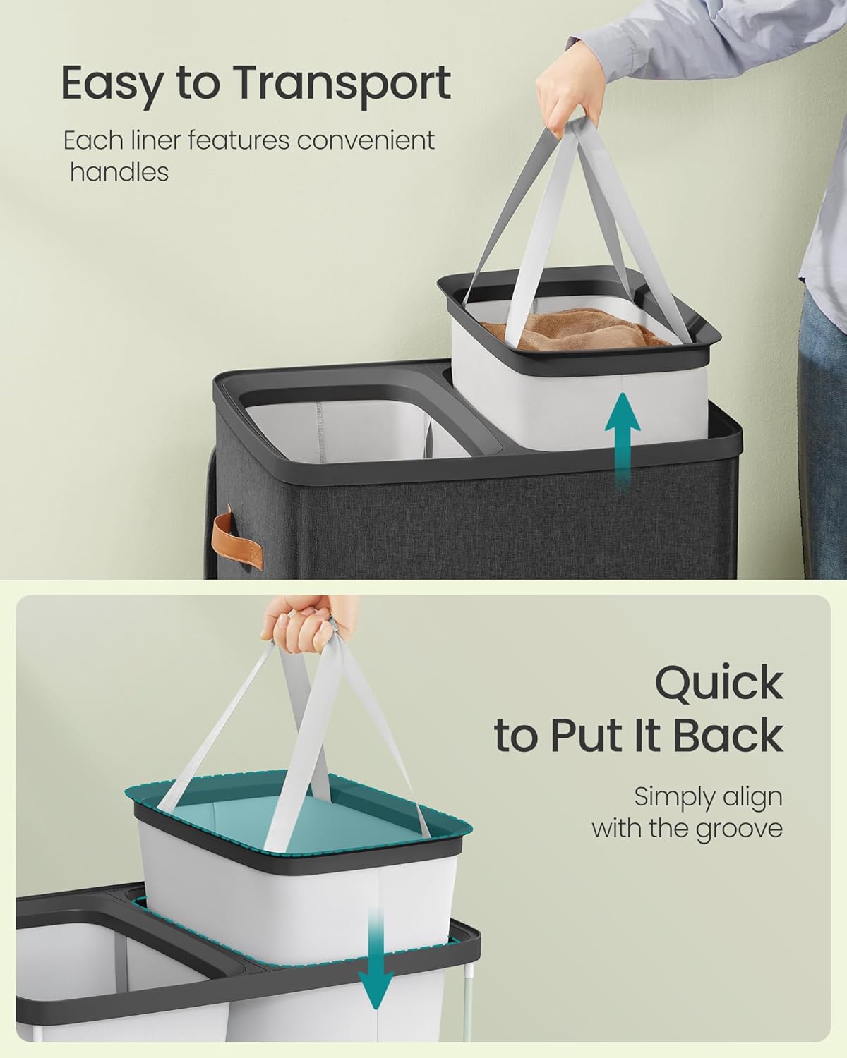 SONGMICS Laundry Basket, 44.9 Gal. Laundry Hamper, 2 Compartments, Easy Assembly, with Lid and