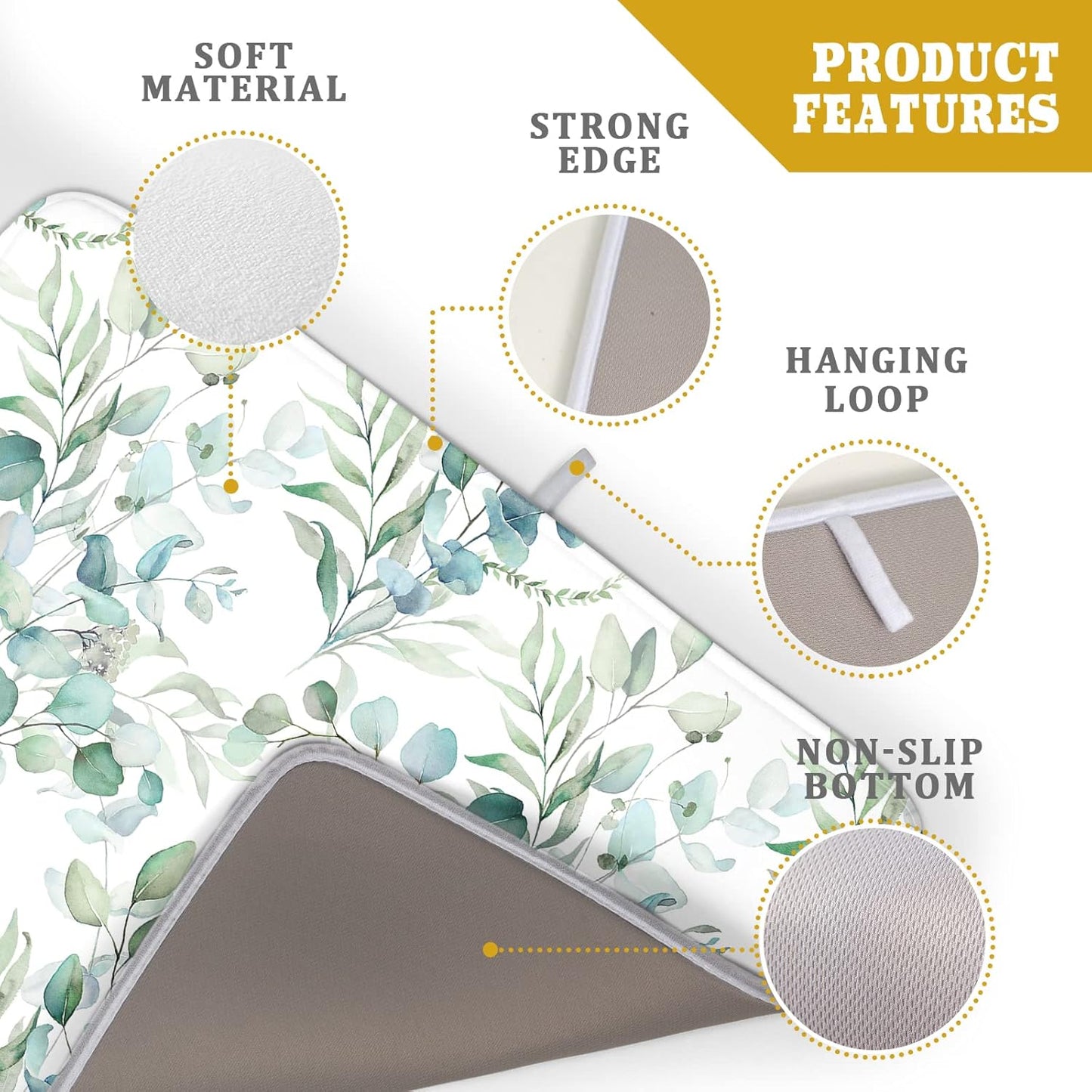 Sage Green Leaves Dish Drying Mats for Kitchen Counter 18x24 Inch, Leaves Kitchen Drying