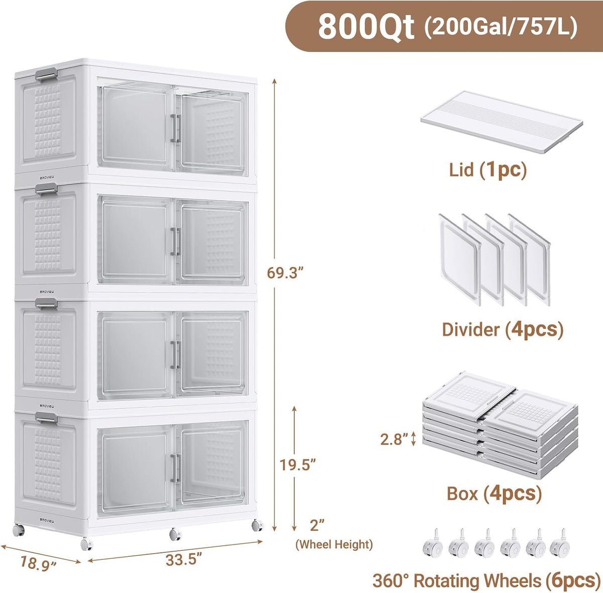 BROVIEW 800 Qt Plastic Storage Bins with Lid, Doors & Wheels, 4Pack Extra Large Stackable