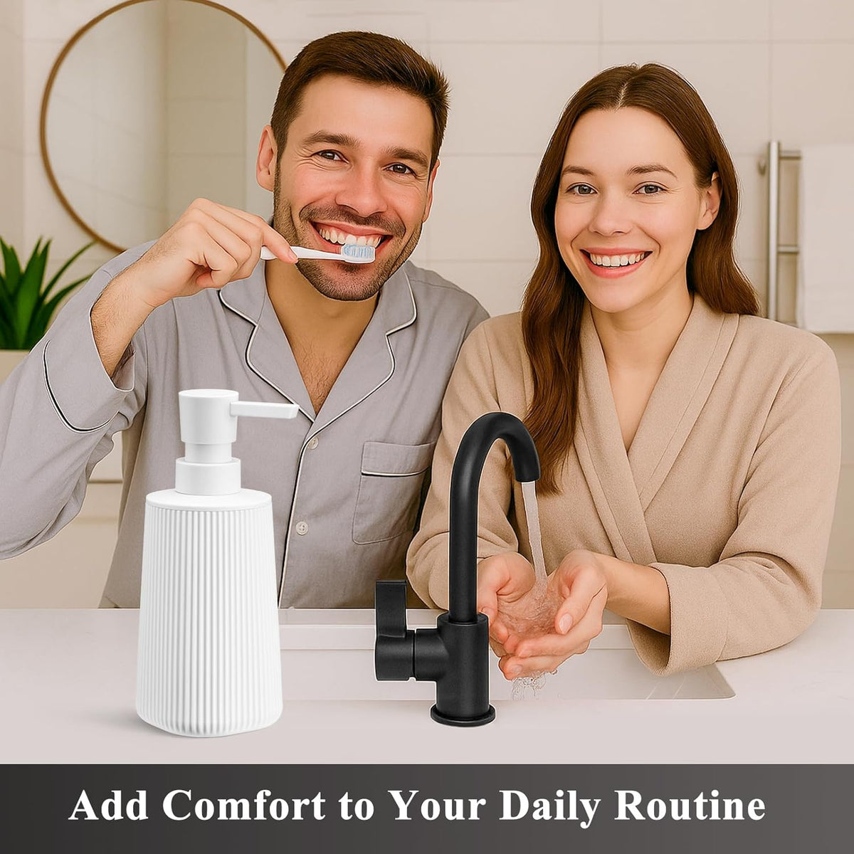 White Hand Soap Dispenser with No Rust Pump for Bathroom and Kitchen Countertops Refillable Striped