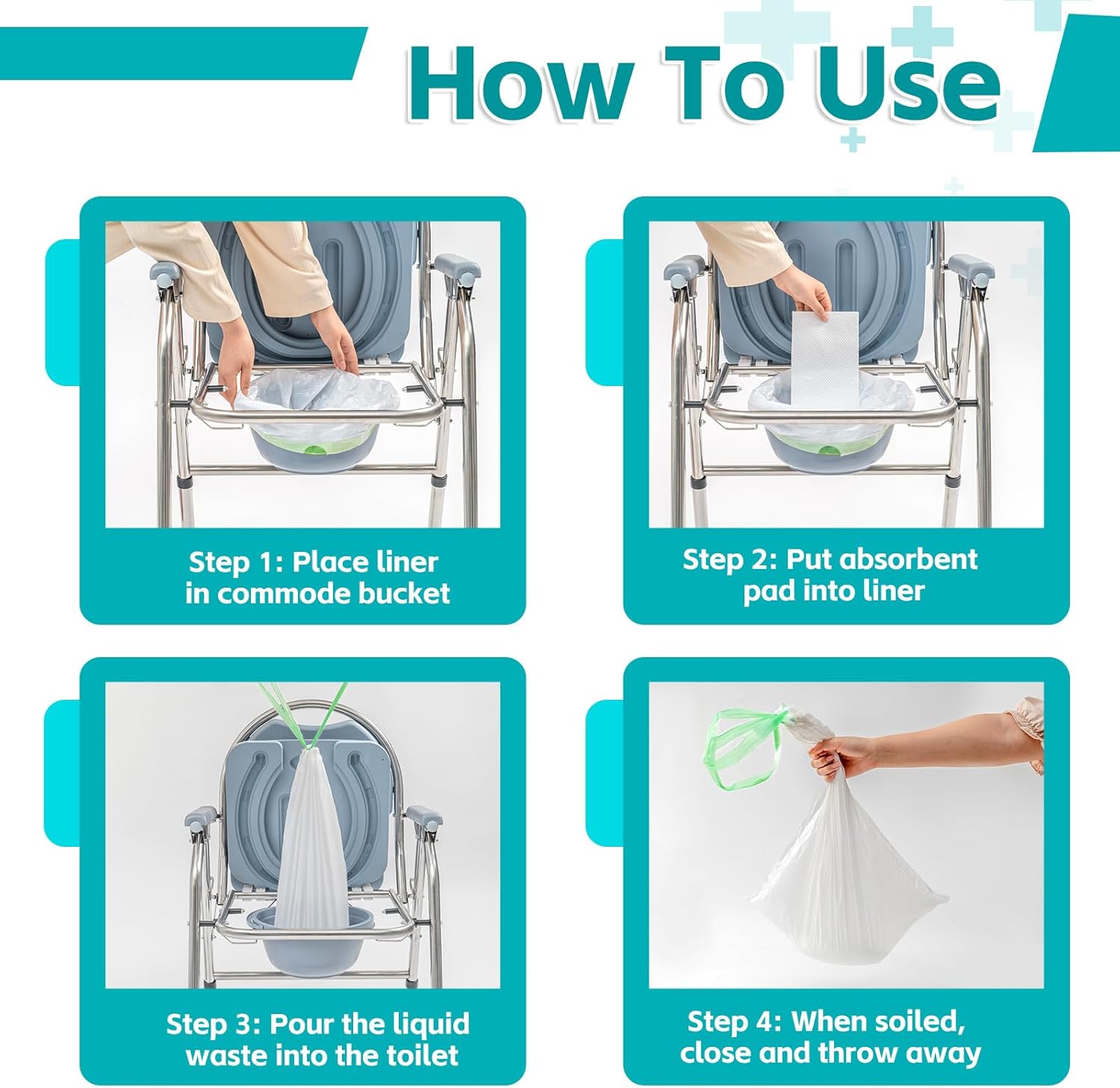 120 Pack Commode Liners with Super Absorbent Pads, Disposable Leakproof Bedside Commode Bags