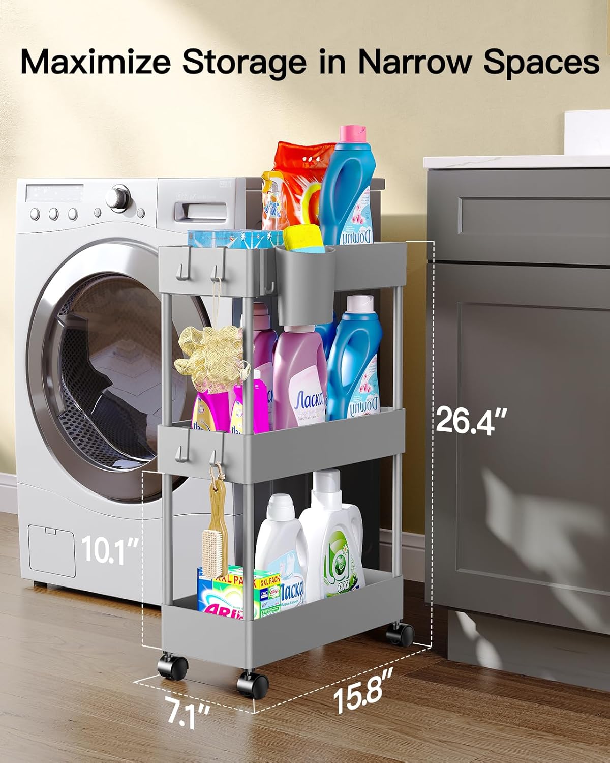 Pipishell Slim Storage Cart with Wheels - 3 Tier Bathroom Organizers and Storage Cart - Rolling
