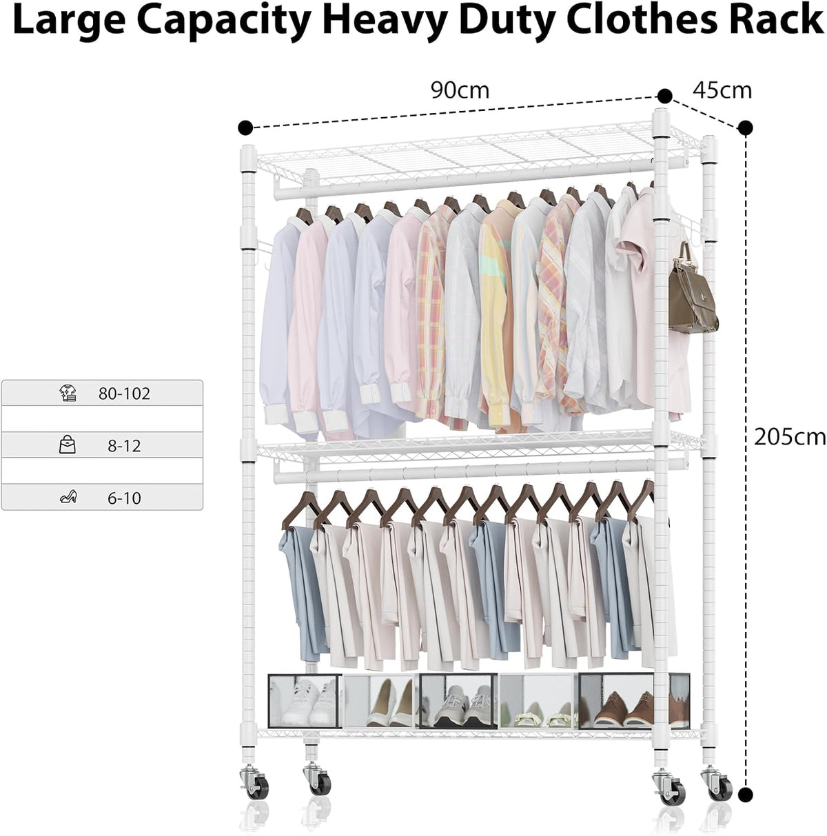 Homdox 3 Tier Heavy Duty Garment Rack with Wheels, Adjustable Wire Clothes Rack with Double Hanging