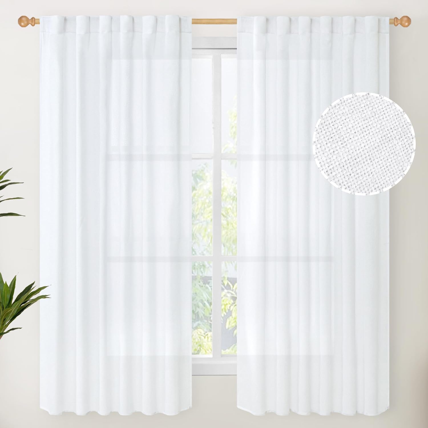 YoungsTex 63 Inch Length White Linen Curtains 2 Panels for Living Room, Light Filtering Drapes Semi
