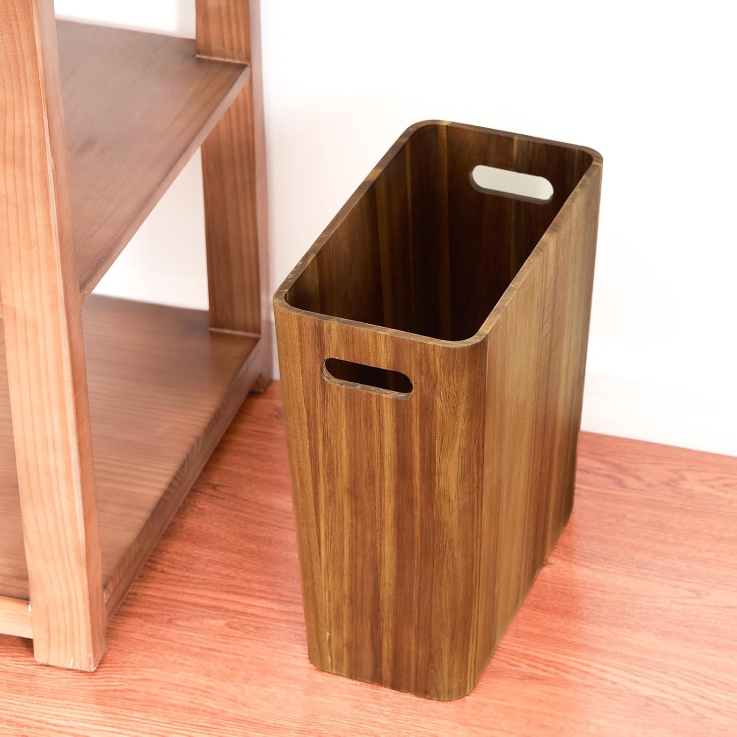 3 Gallons Wooden Wastebaskets, Solid Acacia Wood Waste Basket with Handles, Rectangular Trash Can