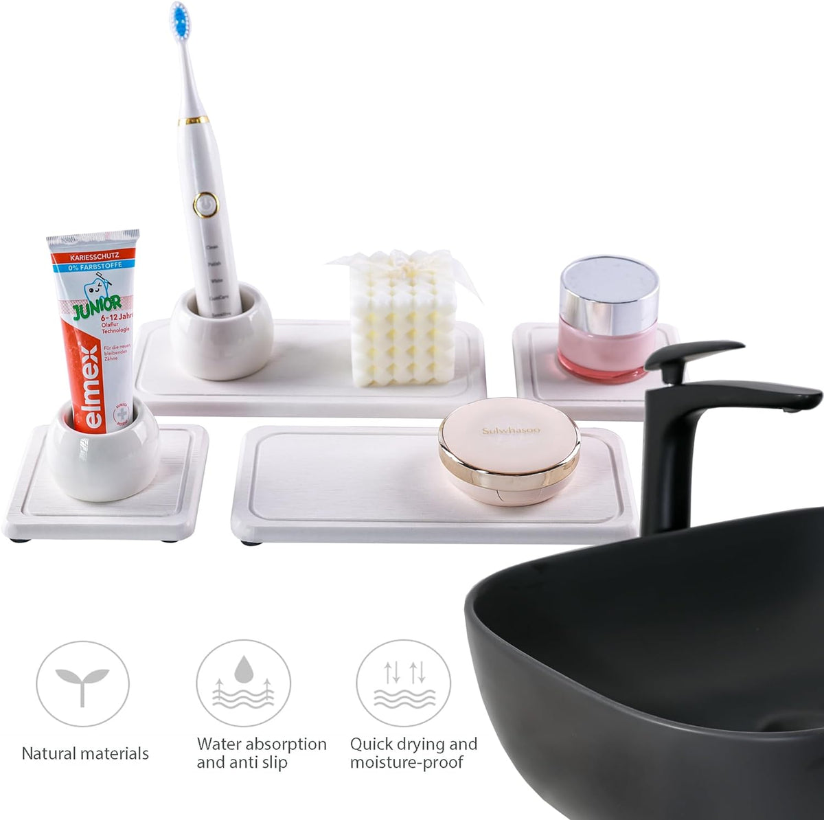 2 Pcs Water Absorbing Stone Trays, Kitchen/Bathroom Sink Soap Dish, Diatomite Tray Used for Hand