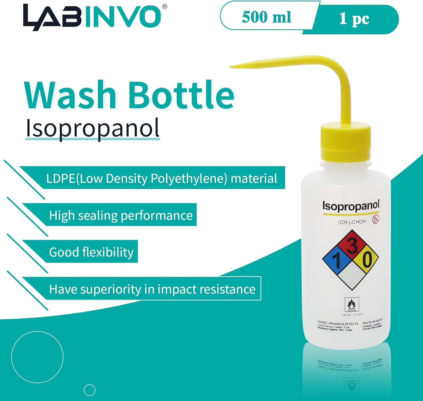 Isopropanol Wash Bottle, 1 PC of Vol.500ml (17oz), Narrow Mouth, Self-Venting Safety Wash Bottles