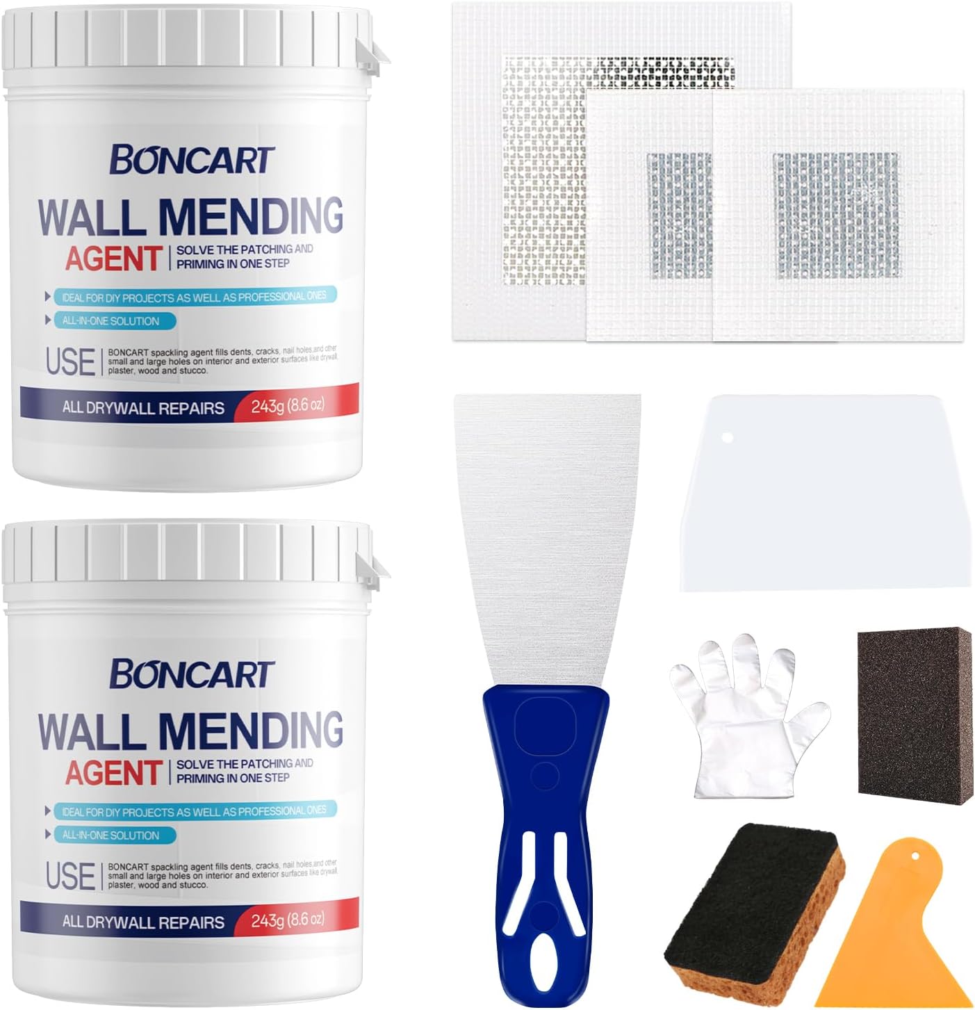 17.2oz Drywall Patch Repair Kit - Professional All-in-1 Tool Set (Scrapers/Sanding Sponge/Texture
