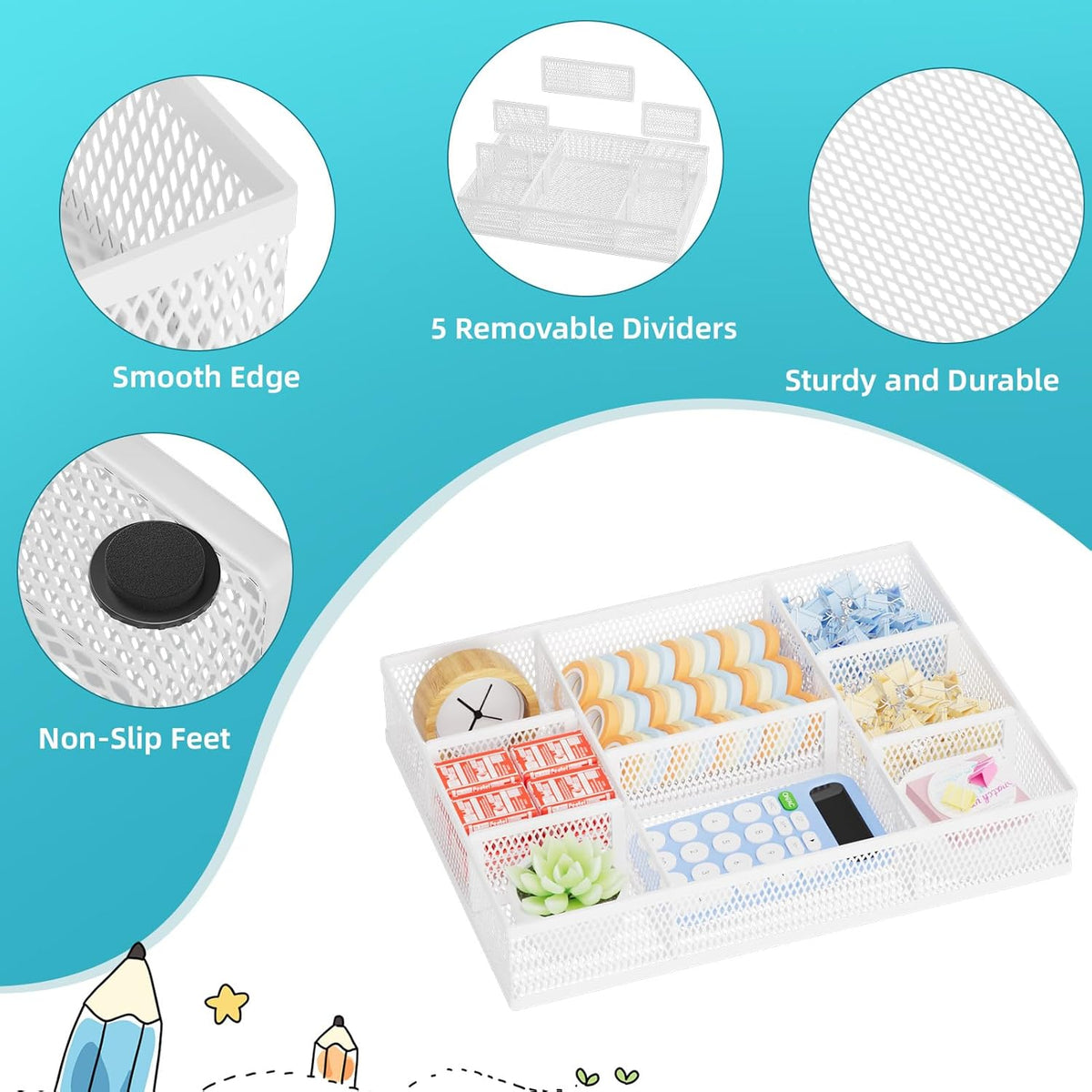 Marbrasse 2 Pack Desk Drawer Organizer, Mesh Drawer Organizer Tray with 8 Adjustable Compartments